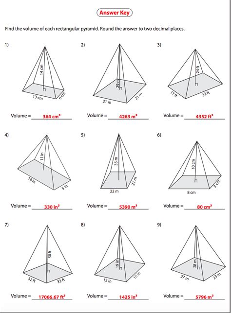 Showing top 8 worksheets in the category - Volume Of Pyramids And Cones. . Volume of pyramids worksheet answer key